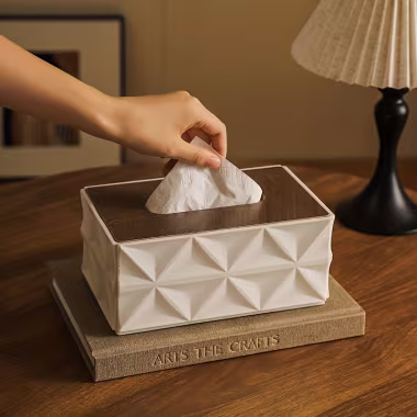 Modern Geometric Tissue Box Cover with Wooden Finish Lid alternate view